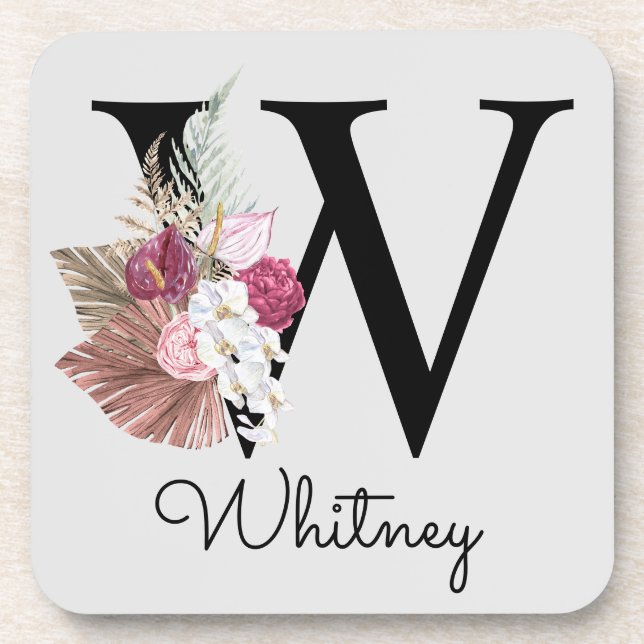Monogrammed Initial W Pink Boho Floral Coaster (Front)