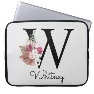 Monogrammed Initial W Pink Boho Girly Floral Laptop Sleeve