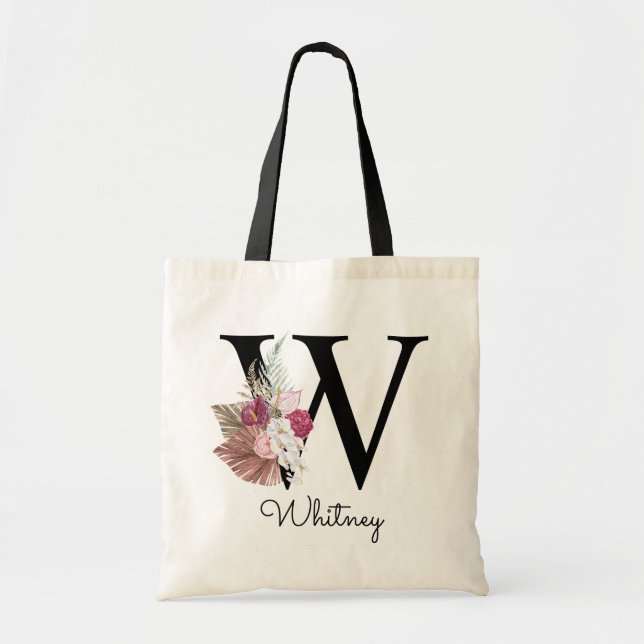 Monogrammed Initial W Pink Boho Girly Floral Tote Bag (Front)