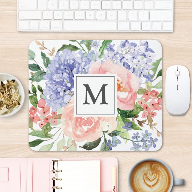 Monogrammed Initial Watercolor Blue Pink Floral Mouse Mat (In situ office desk)