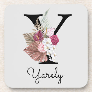 Monogrammed Initial Y Pink Boho Floral Coaster