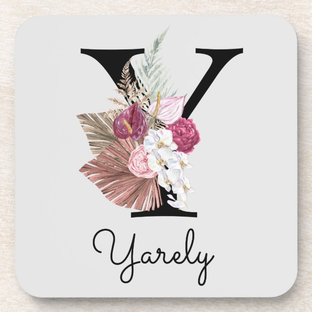 Monogrammed Initial Y Pink Boho Floral Coaster (Front)