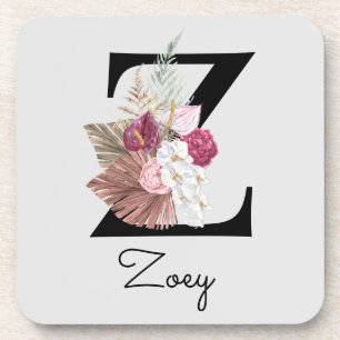 Monogrammed Initial Z Pink Boho Floral Coaster