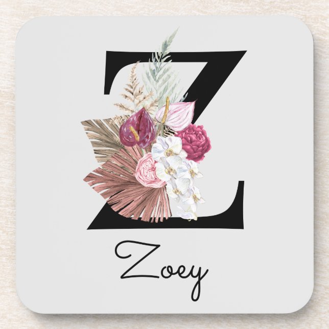 Monogrammed Initial Z Pink Boho Floral Coaster (Front)