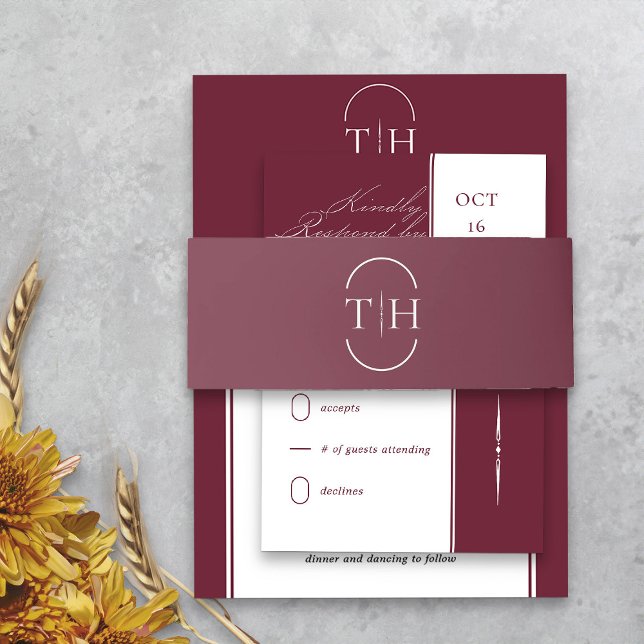 Monogrammed Initials Burgundy Wedding Invitation Belly Band (Monogrammed burgundy wedding invitation belly bands from my Wedding Colors collection)