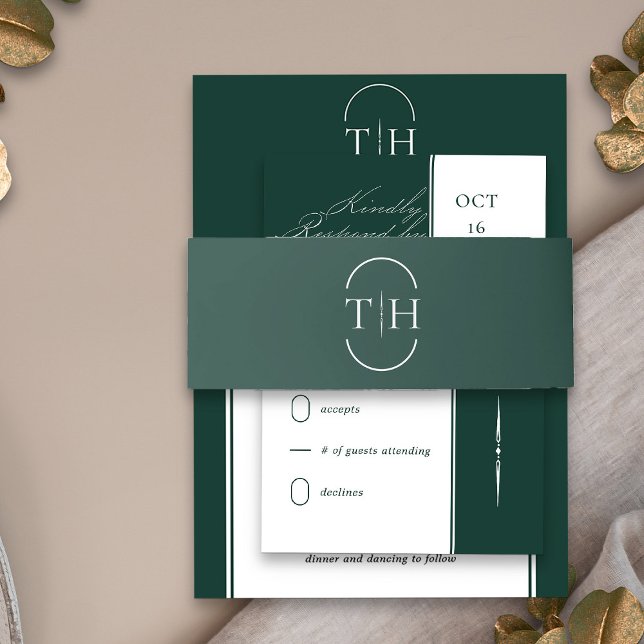 Monogrammed Initials Emerald Green Wedding Invitation Belly Band (Monogrammed wedding invitation belly bands in emerald green from my Wedding Colors collection)