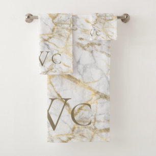 Monogrammed Initials Gold White Grey Marble Bath Towel Set