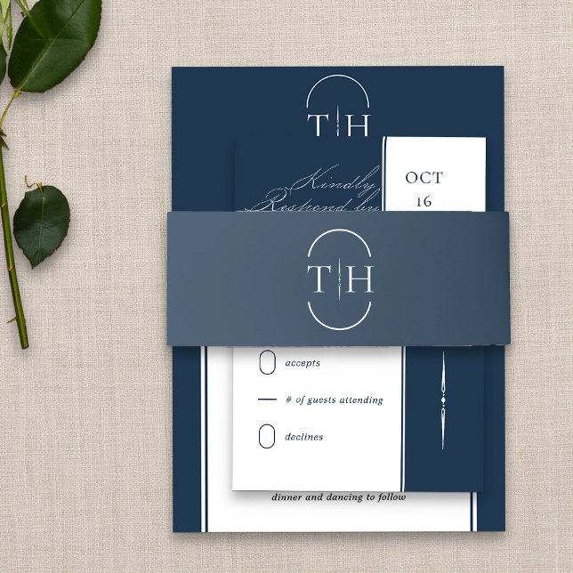 Monogrammed Initials Navy Blue Wedding Invitation Belly Band (Monogrammed navy blue wedding invitation belly band from my Wedding Colors collection)