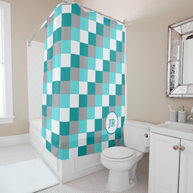 Monogrammed Initials on Teal and Aqua Checked Shower Curtain (In Situ)