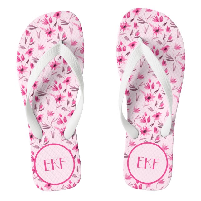 Monogrammed Initials Pink Floral Women's  Flip Flops (Footbed)