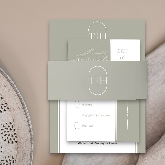 Monogrammed Initials Sage Green Wedding Invitation Belly Band (Simple monogrammed sage green wedding invitation belly bands from my Wedding Colors collection)