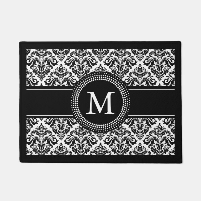 Monogrammed Initials Vintage Black White Damask Doormat (Front)