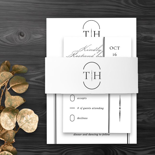 Monogrammed Initials White Wedding Invitation Belly Band (Monogrammed wedding invitation belly band in black and white from my Wedding Colors Collection)