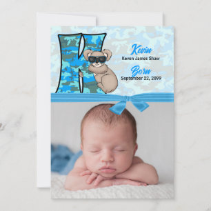 Monogrammed K Blue Koala Photo Birth Announcement