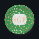 Monogrammed Kelly Green and Gold Glitter Dots Paper Plate<br><div class="desc">Modern and on-trend dots of faux gold glitter and a three-letter monogram make these paper party plates the perfect addition to any celebration.</div>