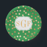 Monogrammed Kelly Green and Gold Glitter Dots Paper Plate<br><div class="desc">Modern and on-trend dots of faux gold glitter and a three-letter monogram make these paper party plates the perfect addition to any celebration.</div>