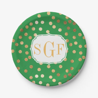 Monogrammed Kelly Green and Gold Glitter Dots Paper Plate