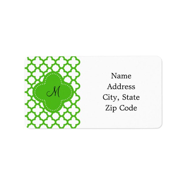 Monogrammed Kelly Green Quatrefoil Pattern Label (Front)