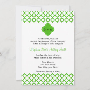 Monogrammed Kelly Green Quatrefoil Pattern Wedding Invitation