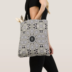 Monogrammed Khaki Tan Black Geometric Pattern Tote Bag