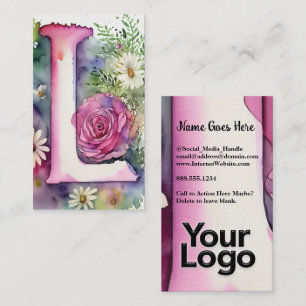 Monogrammed L Floral Rose Watercolor Company Logo  Business Card