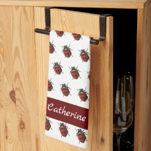 Monogrammed Ladybug Pattern Tea Towel