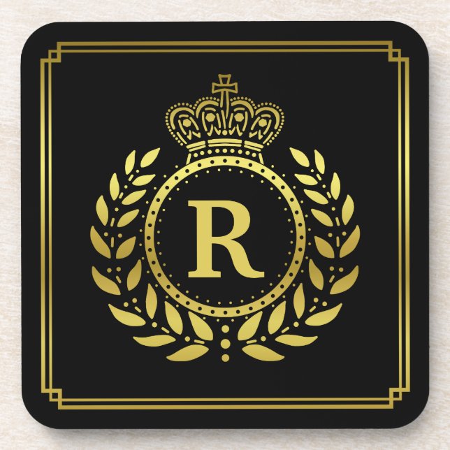Monogrammed Laurel Wreath Crown Deco Black Gold Coaster (Front)