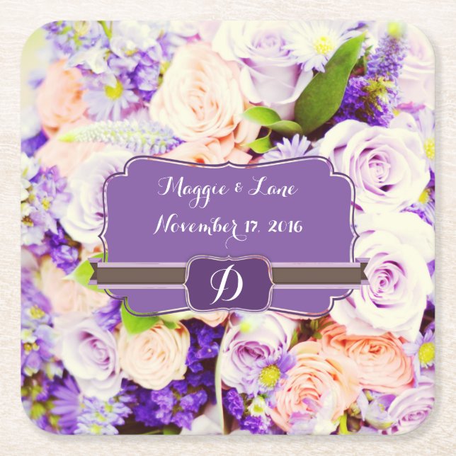 Monogrammed Lavendar Floral Paper Coasters (Front)