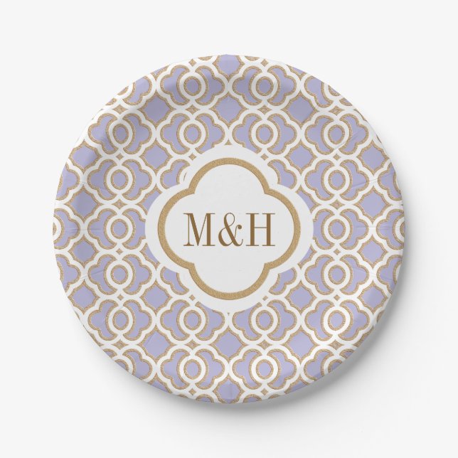 Monogrammed Lavender and Gold Moroccan Wedding Paper Plate (Front)