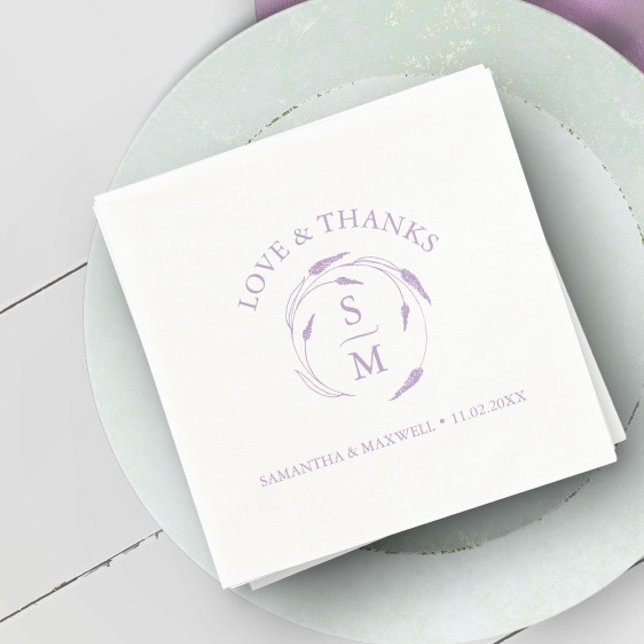 Monogrammed Lavender Wedding Napkins (Monogrammed lavender wedding napkins feature unique line art by Victoria Grigaliunas Do Tell A Belle)