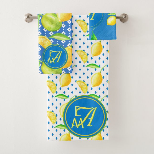 Monogrammed Lemon Tree Royal Blue Home Decor Bath Towel Set (Insitu)
