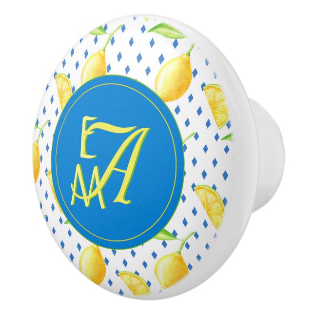 Monogrammed Lemon Tree Royal Blue Home Decor Ceramic Knob (Right)