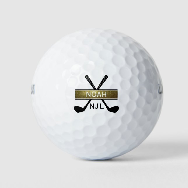 Monogrammed Letter Initial Name Gold Black Unique Golf Balls (Front)