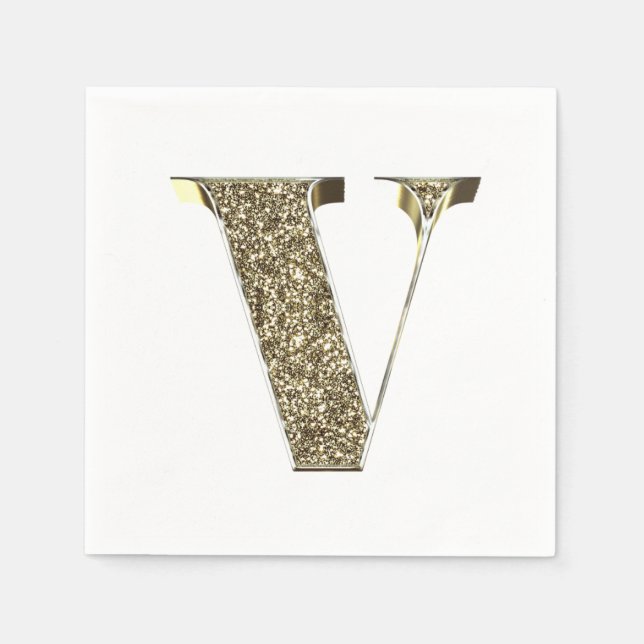 Monogrammed Letter Initial V Gold Sparkles Elegant Napkin (Front)