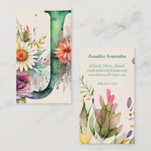 Monogrammed Letter J Simple Chic Floral Watercolor Business Card