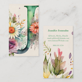 Monogrammed Letter J Simple Chic Floral Watercolor Business Card