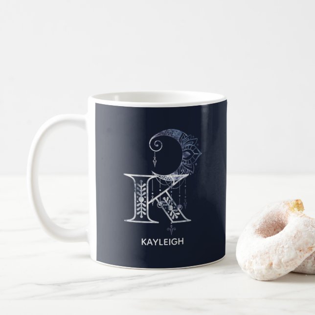 Monogrammed Letter K Boho Crescent Moon Mandala Coffee Mug (With Donut)