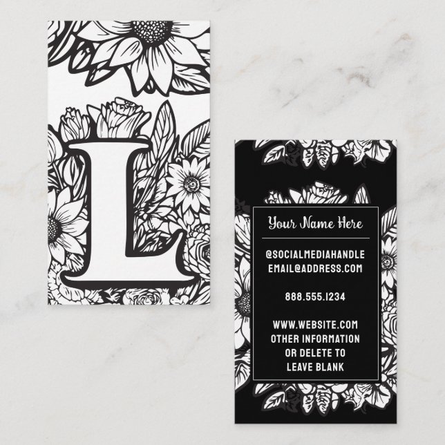 Monogrammed Letter L Black and White Floral Flower Business Card (Front/Back)