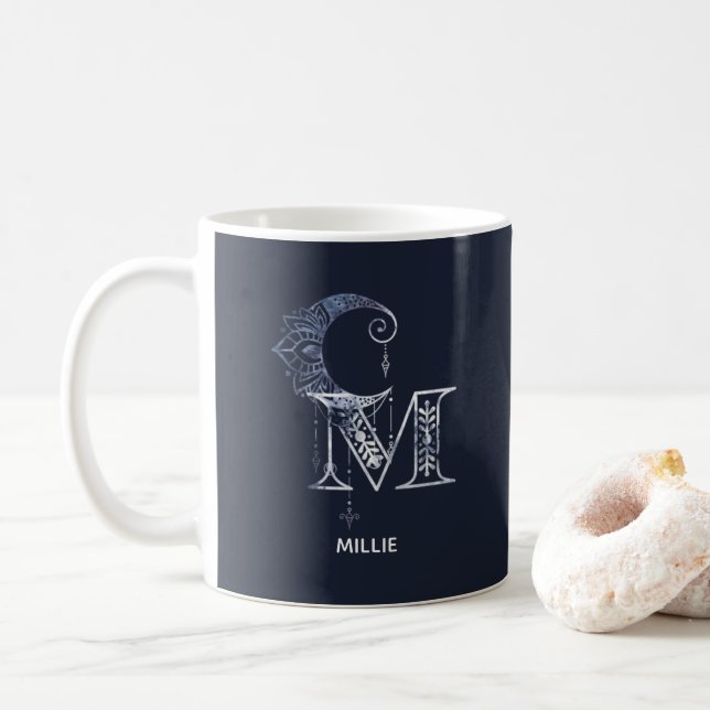 Monogrammed Letter M Boho Crescent Moon Mandala Coffee Mug (With Donut)