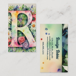 Monogrammed Letter R Simple Chic Floral Watercolor Business Card