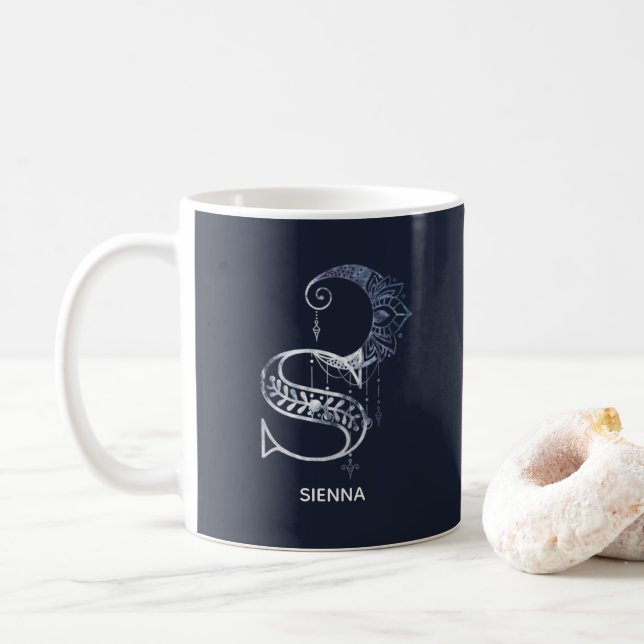 Monogrammed Letter S Boho Crescent Moon Mandala Coffee Mug (With Donut)