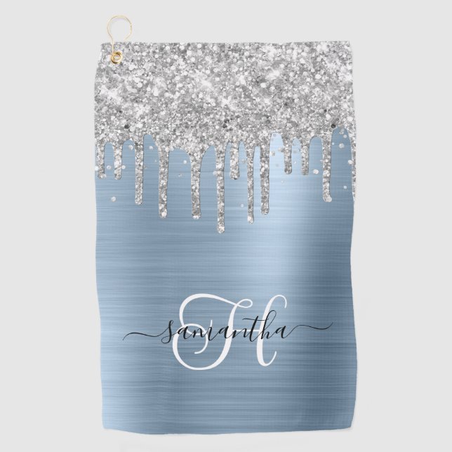 Monogrammed Light Blue and Silver Dripping Glitter Golf Towel (Front)