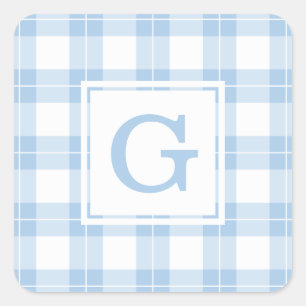 Monogrammed Light Blue and White Plaid Pattern Square Sticker