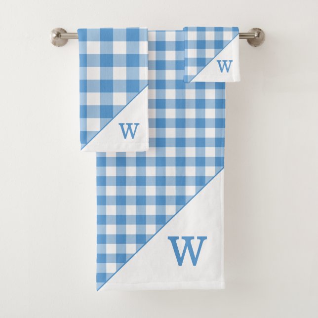 Monogrammed Light Blue White Buffalo Plaid Pattern Bath Towel Set (Insitu)