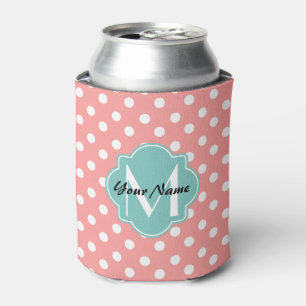 Monogrammed Light Coral Polka Dots Pattern Can Cooler