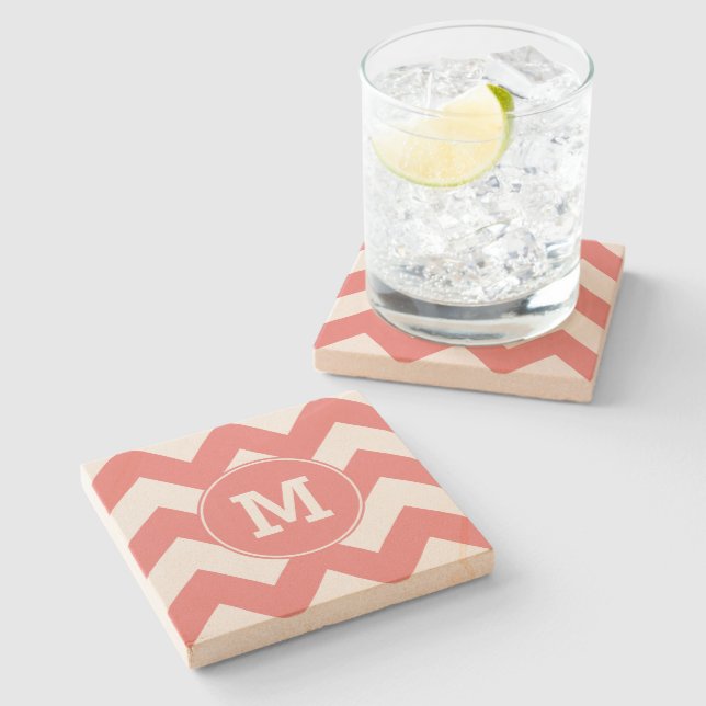 Monogrammed Light Coral Zigzag Pattern Stone Coaster (Side)