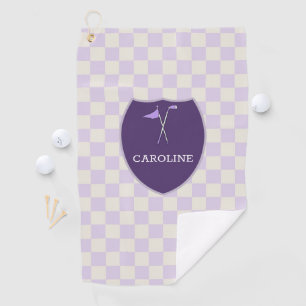 Monogrammed light Purple Checks & golf club & flag Golf Towel