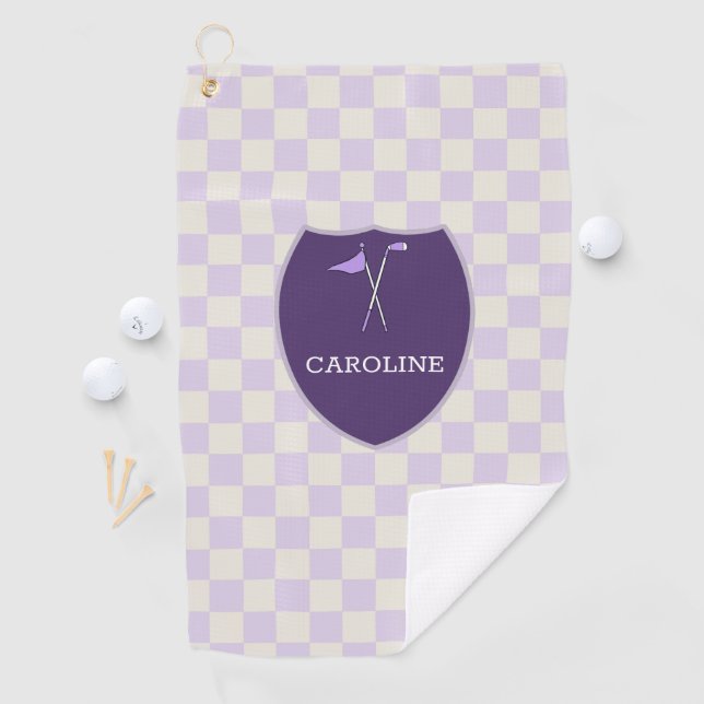 Monogrammed light Purple Checks & golf club & flag Golf Towel (InSitu)