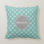 Monogrammed Light Teal Circle Pattern Cushion<br><div class="desc">Girly, modern, elegant light teal and white geometric circle pattern with a grey customisable nameplate for your monogram initial letter and first name. A cool gift for women that love trendy designer patterns and personalised designs.</div>