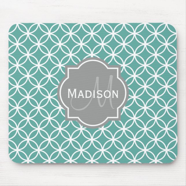 Monogrammed Light Teal Circle Pattern Mouse Mat (Front)